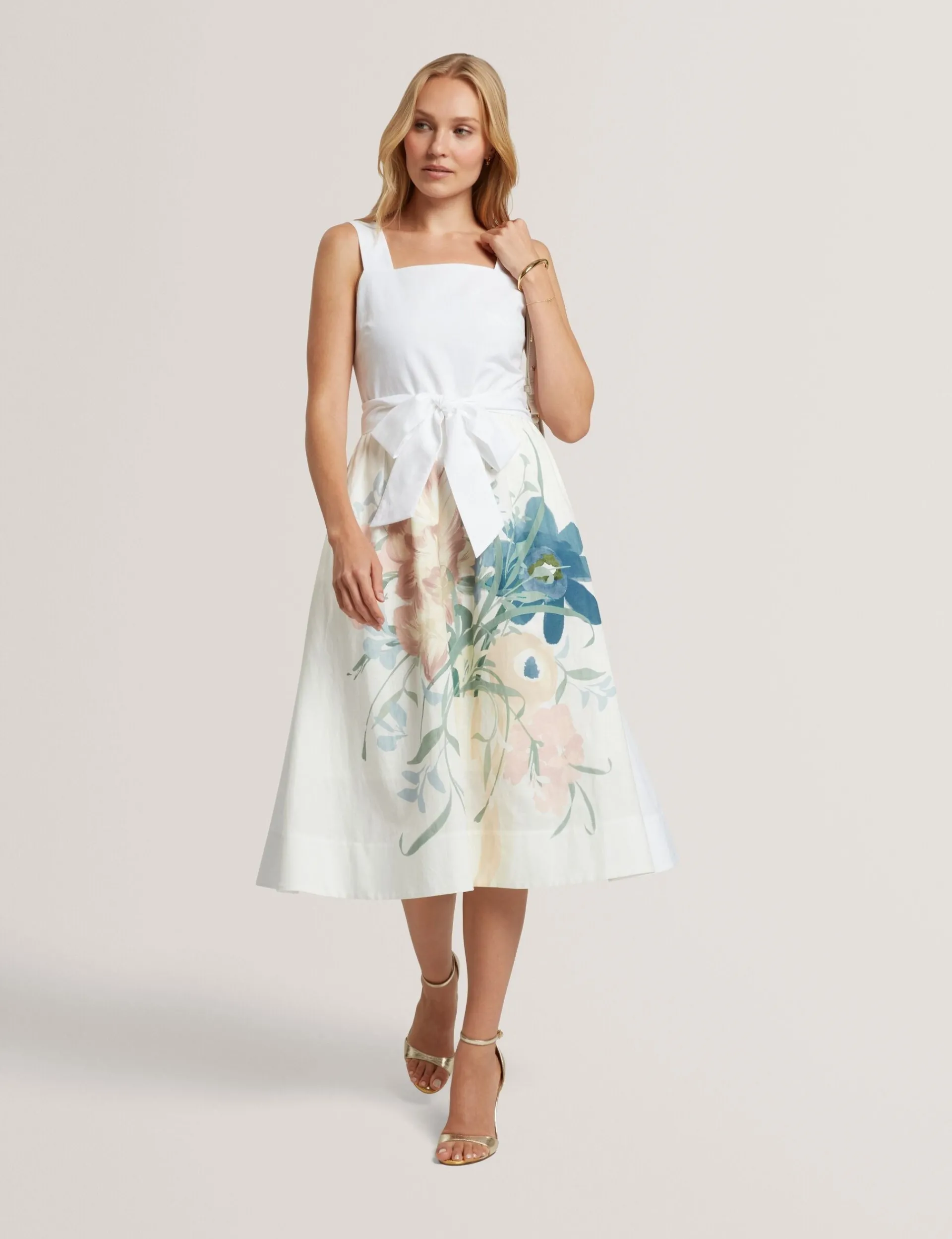 New Lobster Limited Festliche Kleidung|Neue Frühlingsblumen<Bedrucktes Rockkleid aus Leinen und Baumwolle, Midi-Länge, Sommerkleid