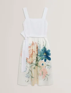 New Lobster Limited Festliche Kleidung|Neue Frühlingsblumen<Bedrucktes Rockkleid aus Leinen und Baumwolle, Midi-Länge, Sommerkleid