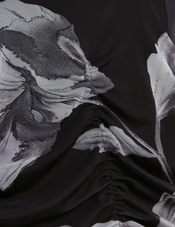 New Lobster Limited Festliche Kleidung|Neue Frühlingsblumen<Dunkelblümtes, geblümtes, gerafftes, figurbetontes Midikleid aus Mesh
