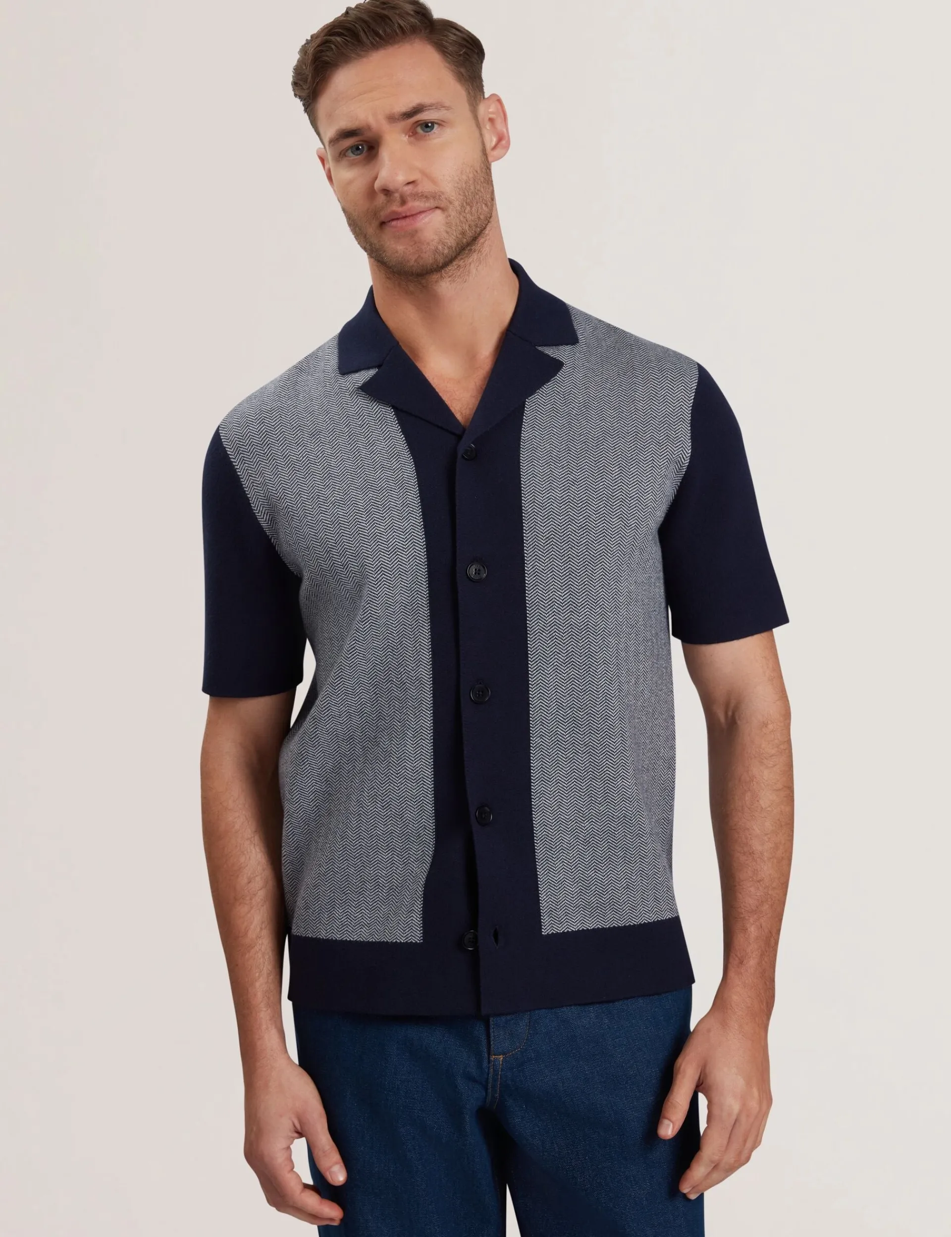 New Lobster Limited Breezy Blues Bearbeiten|Shirts<Fischgrät-Strickhemd mit Farbblock-Design
