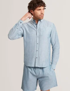 New Lobster Limited Breezy Blues Bearbeiten|Shirts<Gestreiftes Langarmhemd aus Leinenmischgewebe