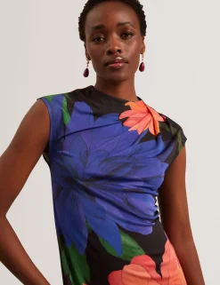 New Lobster Limited Der Weihnachtsladen|Kleider<Jersey-Midikleid mit Dahlienmuster und drapiertem Kragen