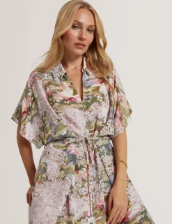 New Lobster Limited Festliche Kleidung|Neue Frühlingsblumen<Kurzarm-Hemdkleid mit Seerosenmuster