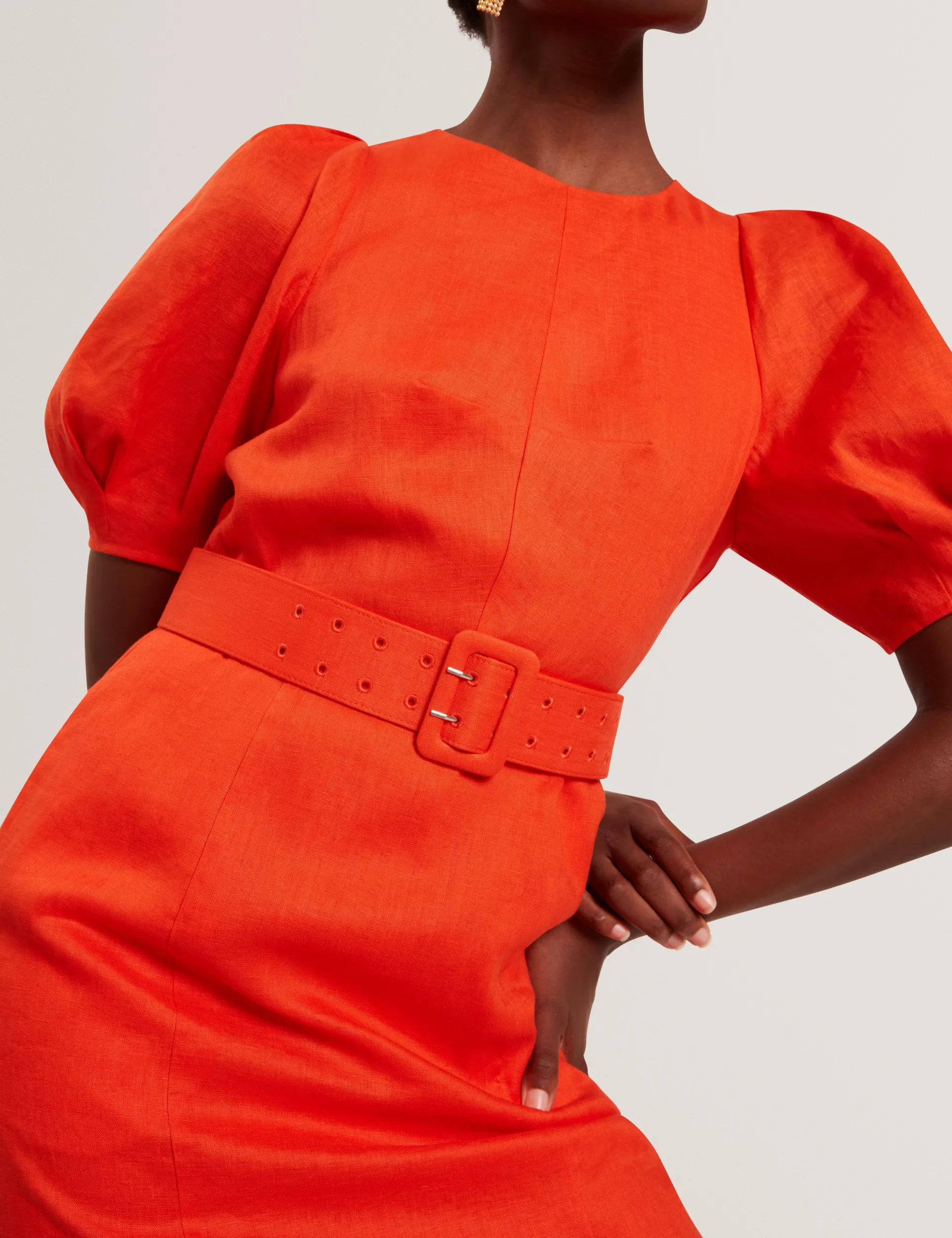 New Lobster Limited Golden Hour|Kleider<Leinen-Midikleid mit Puffärmeln und Gürtel