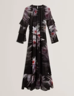 New Lobster Limited Festliche Kleidung|Neue Frühlingsblumen<Maxikleid mit Lilienmuster, Rüschen und langen Ärmeln
