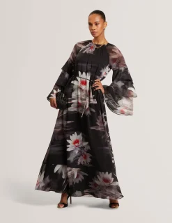 New Lobster Limited Festliche Kleidung|Neue Frühlingsblumen<Maxikleid mit Lilienmuster, Rüschen und langen Ärmeln
