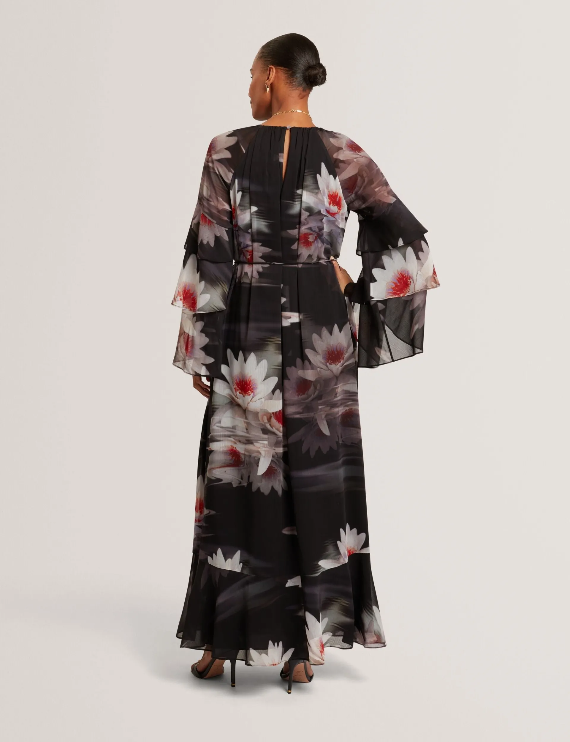 New Lobster Limited Festliche Kleidung|Neue Frühlingsblumen<Maxikleid mit Lilienmuster, Rüschen und langen Ärmeln