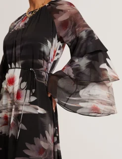 New Lobster Limited Festliche Kleidung|Neue Frühlingsblumen<Maxikleid mit Lilienmuster, Rüschen und langen Ärmeln