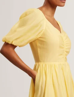 New Lobster Limited Kleider|Golden Hour<Midikleid aus Webstoff mit Puffärmeln und V-Ausschnitt