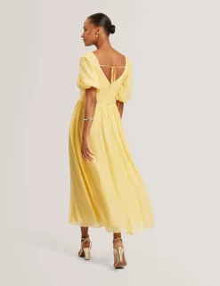 New Lobster Limited Kleider|Golden Hour<Midikleid aus Webstoff mit Puffärmeln und V-Ausschnitt