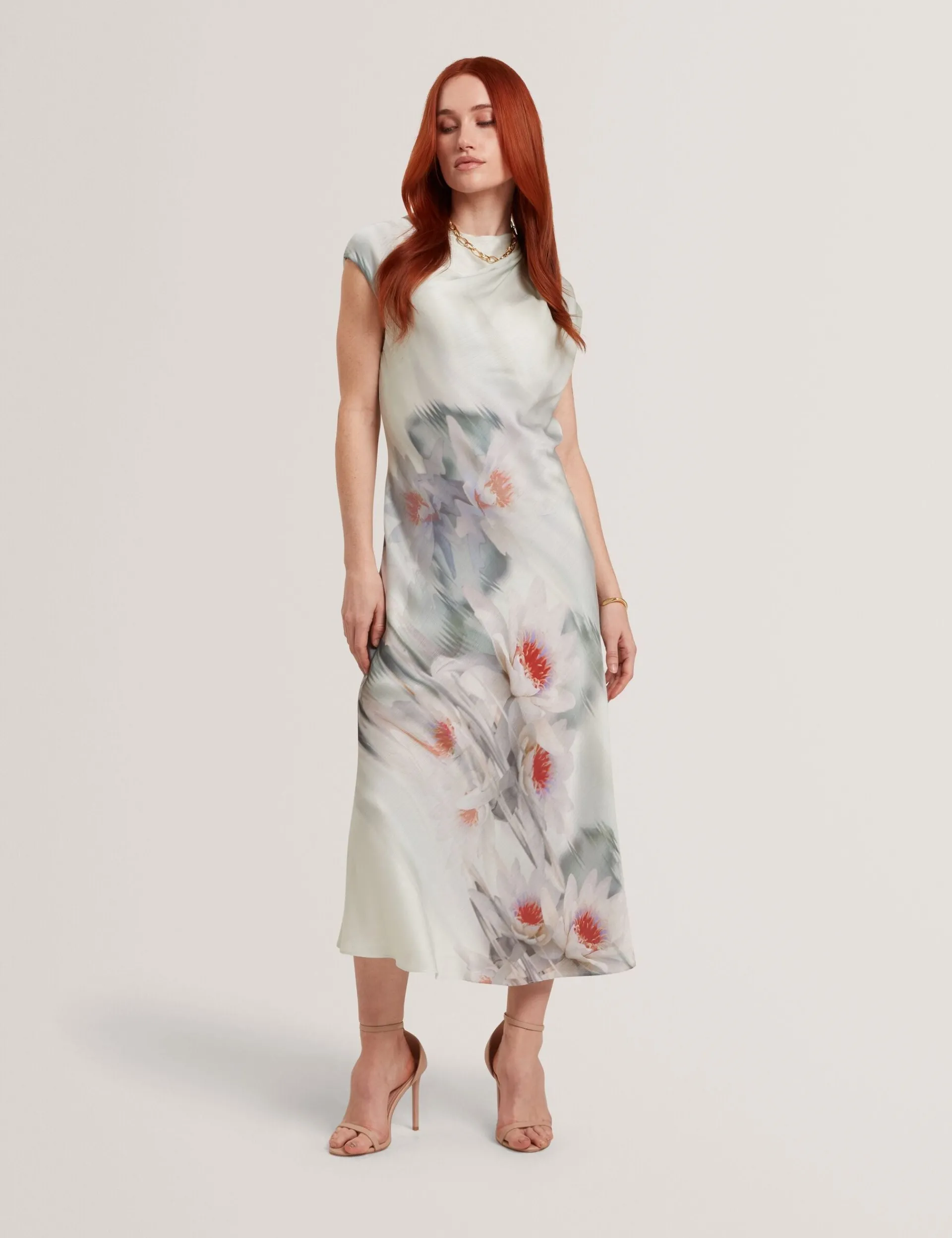 New Lobster Limited Festliche Kleidung|Neue Frühlingsblumen<Midikleid mit Lilienmuster und Drapierung am Kragen