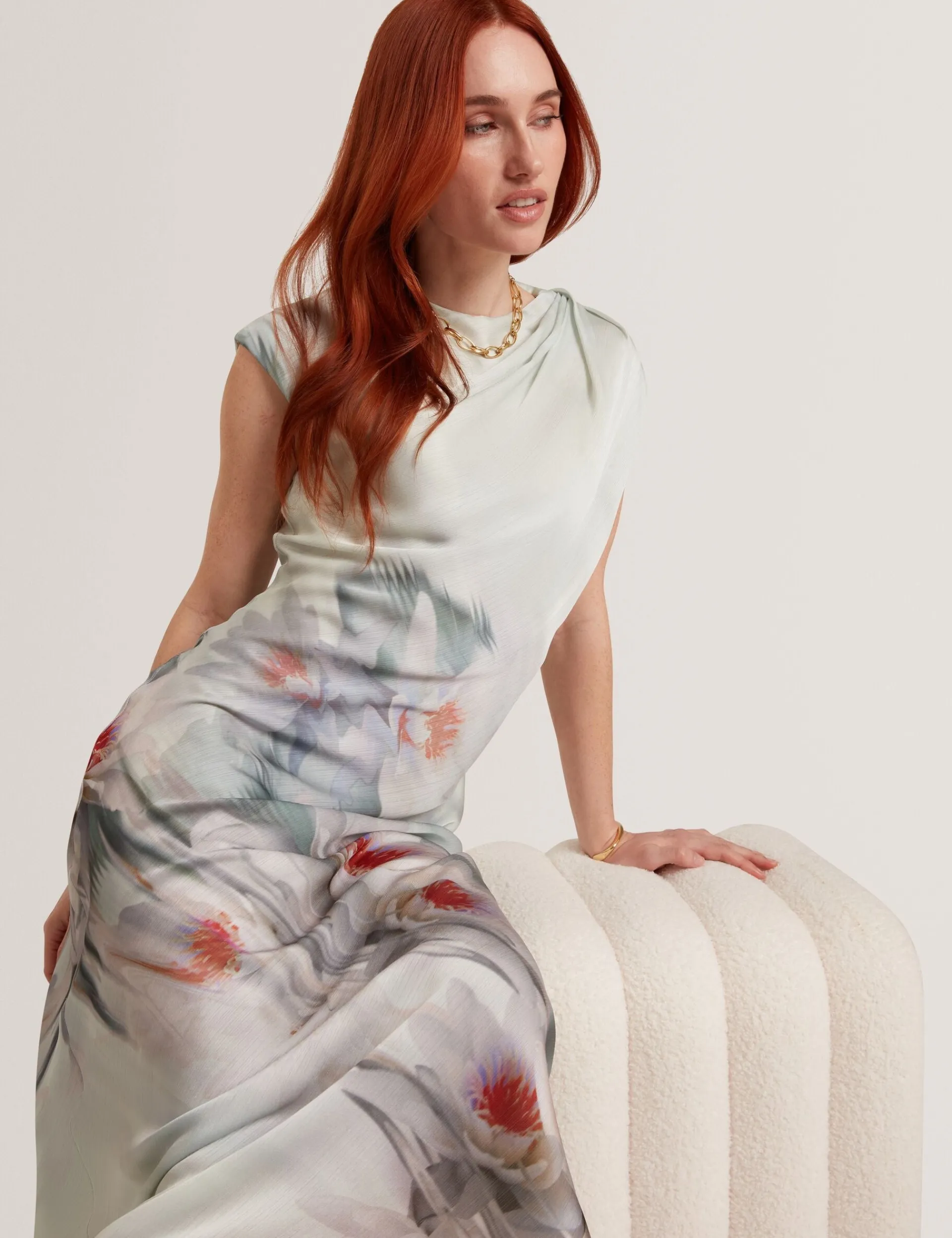 New Lobster Limited Festliche Kleidung|Neue Frühlingsblumen<Midikleid mit Lilienmuster und Drapierung am Kragen