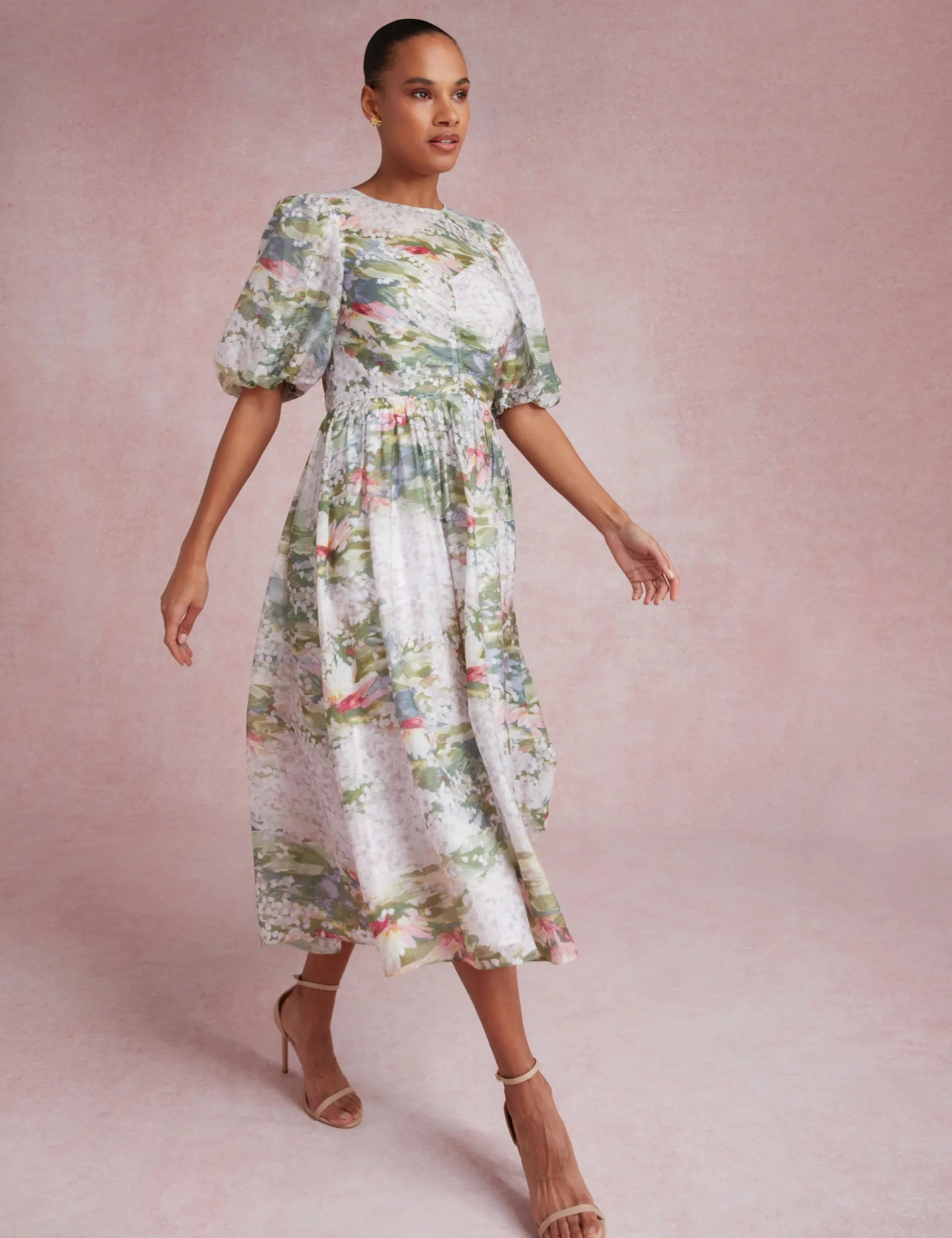 New Lobster Limited Festliche Kleidung|Neue Frühlingsblumen<Midikleid mit Seerosenmuster und Puffärmeln