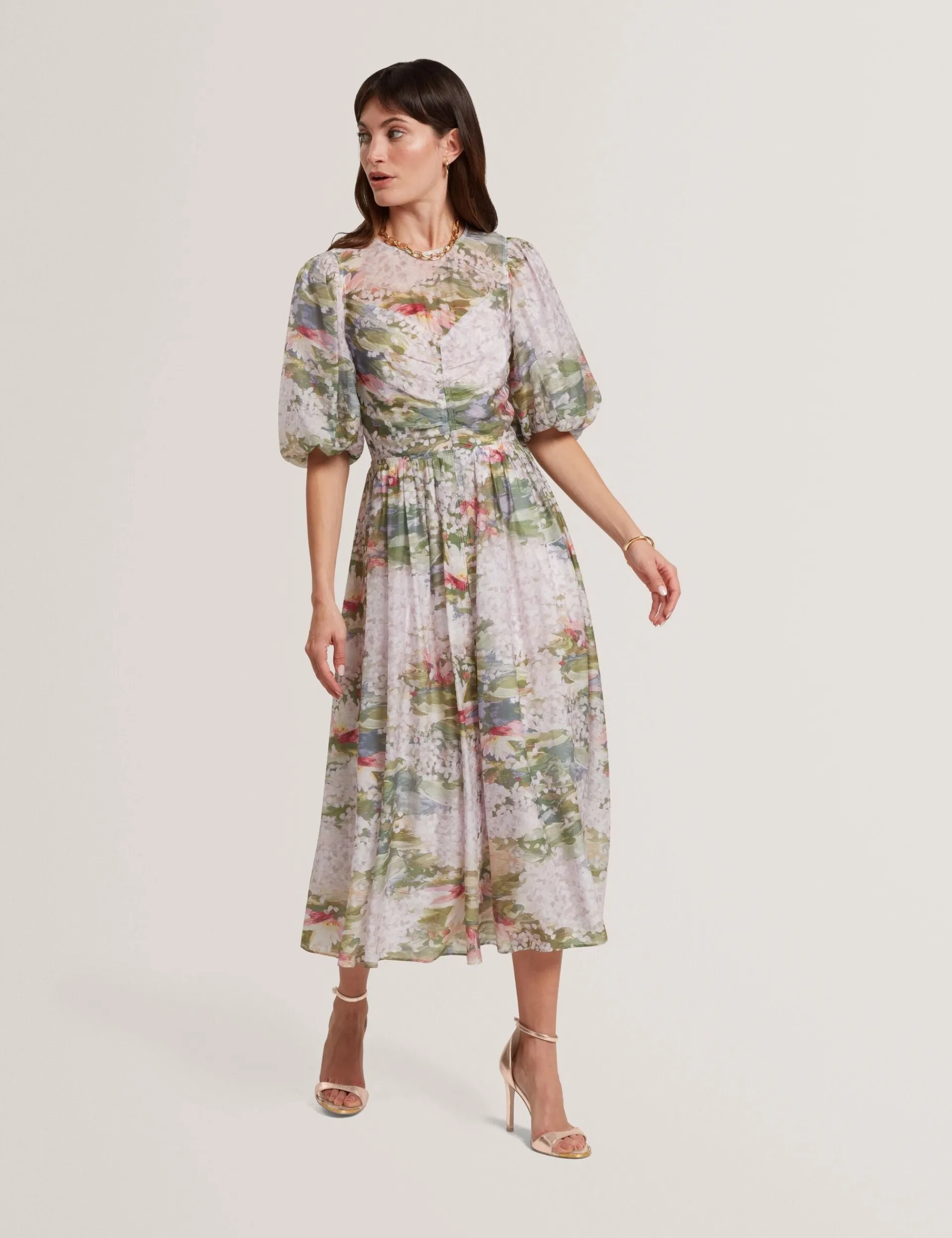 New Lobster Limited Festliche Kleidung|Neue Frühlingsblumen<Midikleid mit Seerosenmuster und Puffärmeln