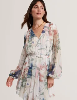 New Lobster Limited Festliche Kleidung|Neue Frühlingsblumen<Minikleid mit Blumenmuster, plissiert, langärmelig