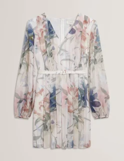 New Lobster Limited Festliche Kleidung|Neue Frühlingsblumen<Minikleid mit Blumenmuster, plissiert, langärmelig
