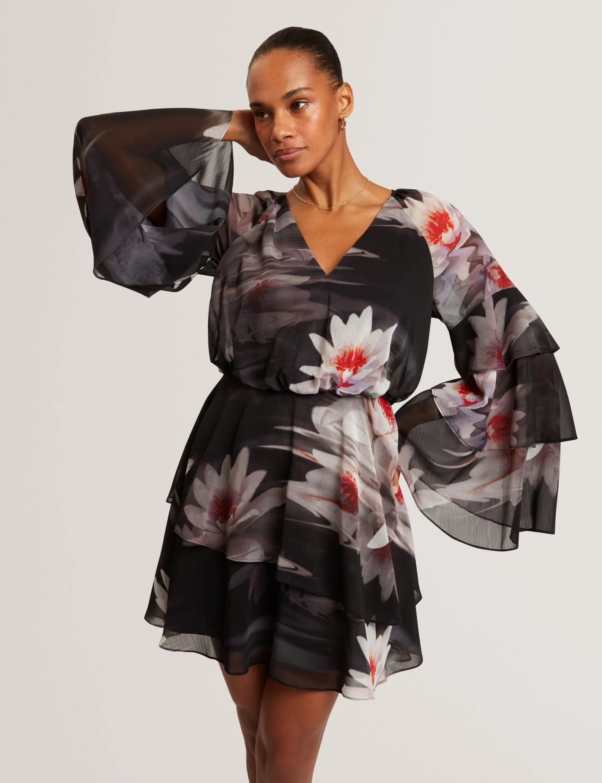 New Lobster Limited Festliche Kleidung|Neue Frühlingsblumen<Minikleid mit Lilienmuster, Rüschen und langen Ärmeln