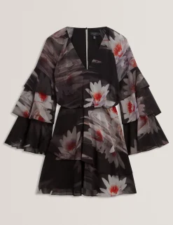 New Lobster Limited Festliche Kleidung|Neue Frühlingsblumen<Minikleid mit Lilienmuster, Rüschen und langen Ärmeln