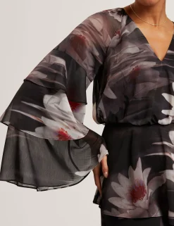 New Lobster Limited Festliche Kleidung|Neue Frühlingsblumen<Minikleid mit Lilienmuster, Rüschen und langen Ärmeln