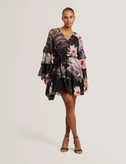 New Lobster Limited Festliche Kleidung|Neue Frühlingsblumen<Minikleid mit Lilienmuster, Rüschen und langen Ärmeln