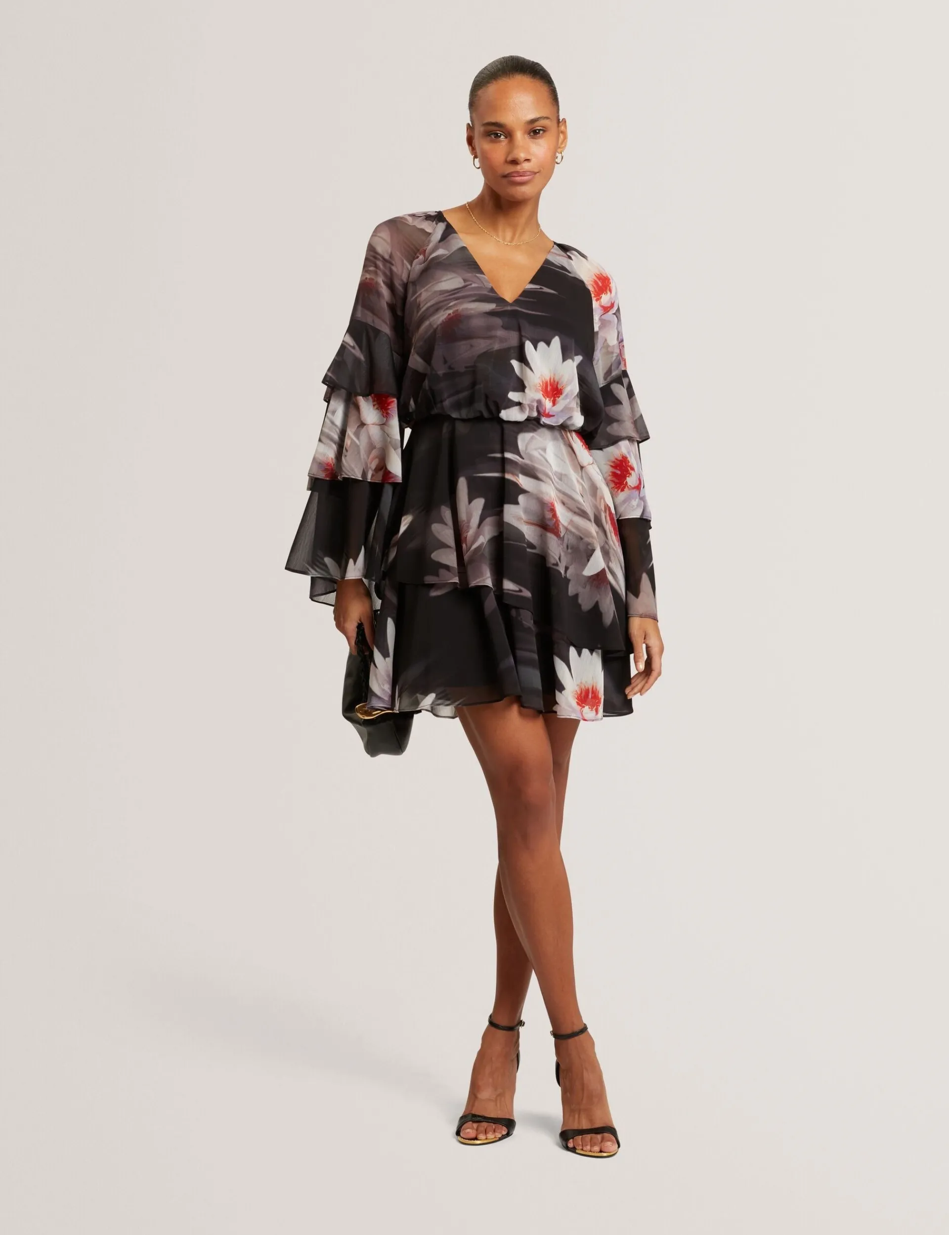 New Lobster Limited Festliche Kleidung|Neue Frühlingsblumen<Minikleid mit Lilienmuster, Rüschen und langen Ärmeln