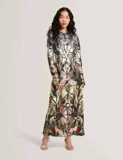 New Lobster Limited Kleider|Die Satin-Kollektion<Satin-Midikleid mit Spiegelprint, langen Ärmeln