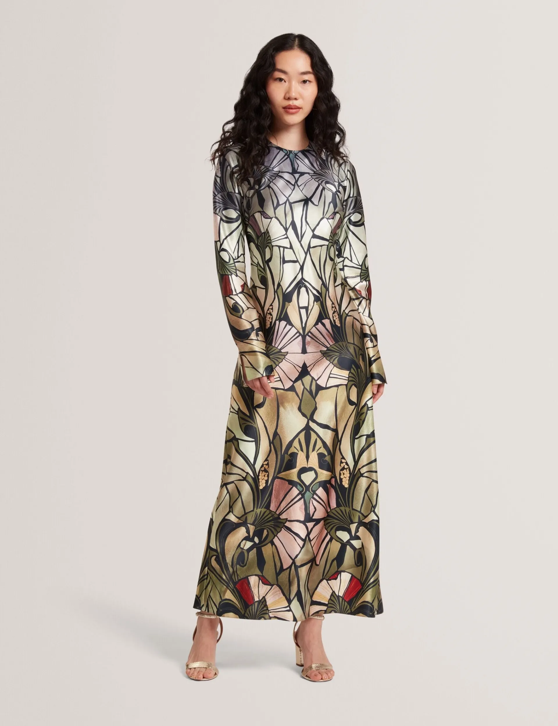 New Lobster Limited Kleider|Die Satin-Kollektion<Satin-Midikleid mit Spiegelprint, langen Ärmeln
