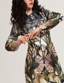 New Lobster Limited Kleider|Die Satin-Kollektion<Satin-Midikleid mit Spiegelprint, langen Ärmeln