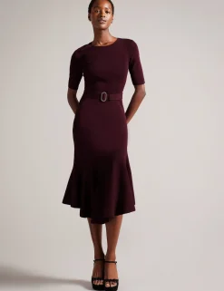 New Lobster Limited Kleider|Luftiger Blues Bearbeiten<Strickkleid in Midi-Länge mit ausgestelltem Saum und Gürtel