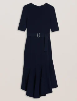 New Lobster Limited Kleider|Luftiger Blues Bearbeiten<Strickkleid in Midi-Länge mit ausgestelltem Saum und Gürtel