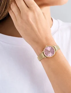 Damen Licensee Timex Luxusgeschenke Für Damen|Sämtliches Zubehör<Uhr mit Kristallzifferblatt, rosa und farbenem Mesh-Gewebe