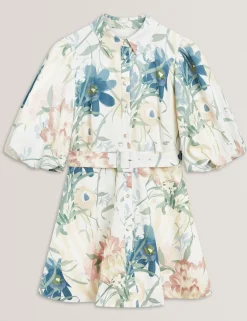 New Lobster Limited Festliche Kleidung|Neue Frühlingsblumen<Weich fallendes Leinen-Minihemdkleid mit Puffärmeln