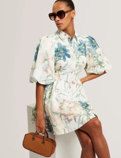 New Lobster Limited Festliche Kleidung|Neue Frühlingsblumen<Weich fallendes Leinen-Minihemdkleid mit Puffärmeln